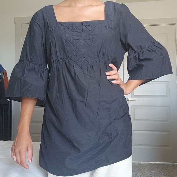 Square Neck Ruffle Cotton And Silk Top - Picture 1 of 7